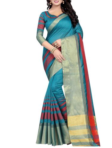 turquoise cotton silk printed saree with blouse - 15001487 - Very Small Image - 1