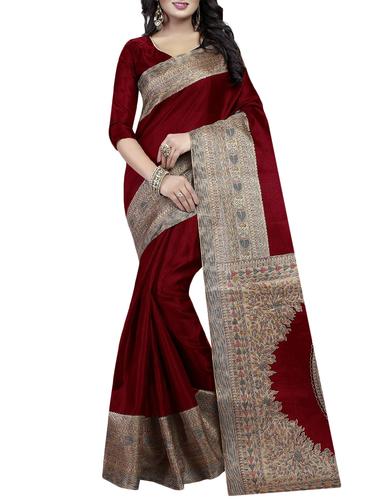 maroon cotton silk printed saree with blouse - 15001491 - Very Small Image - 1