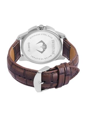 swisstone sw-g350-slv-brw brown leather strap wrist watch for men - 15001528 - Standard Image - 3