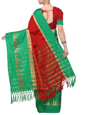 red cotton blend bordered saree with blouse - 15001548 - Standard Image - 2