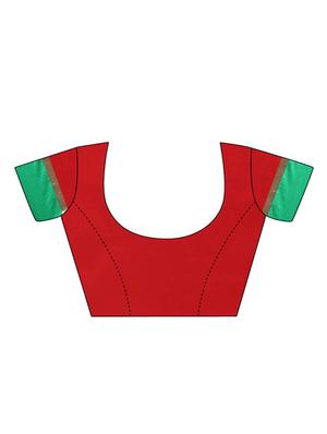 red cotton blend bordered saree with blouse - 15001548 - Standard Image - 3