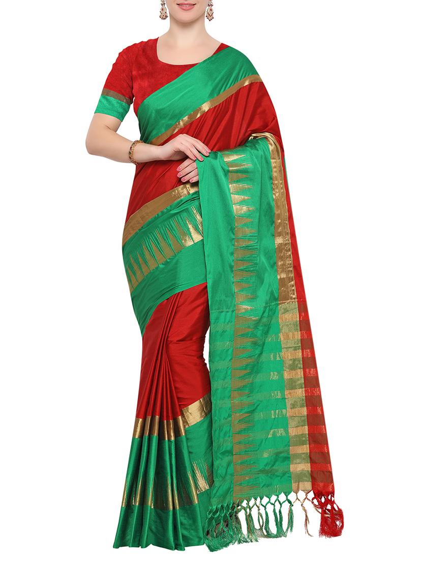red cotton blend bordered saree with blouse - 15001548 - Zoom Image - 1