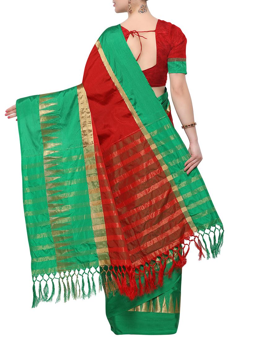 red cotton blend bordered saree with blouse - 15001548 - Zoom Image - 2