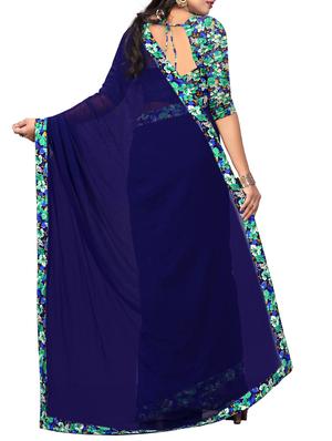 navy blue georgette bordered saree with blouse - 15003908 - Standard Image - 2