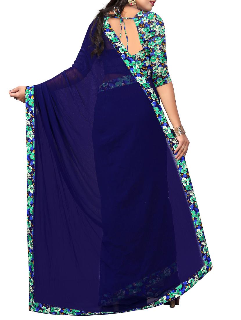 navy blue georgette bordered saree with blouse - 15003908 - Zoom Image - 2