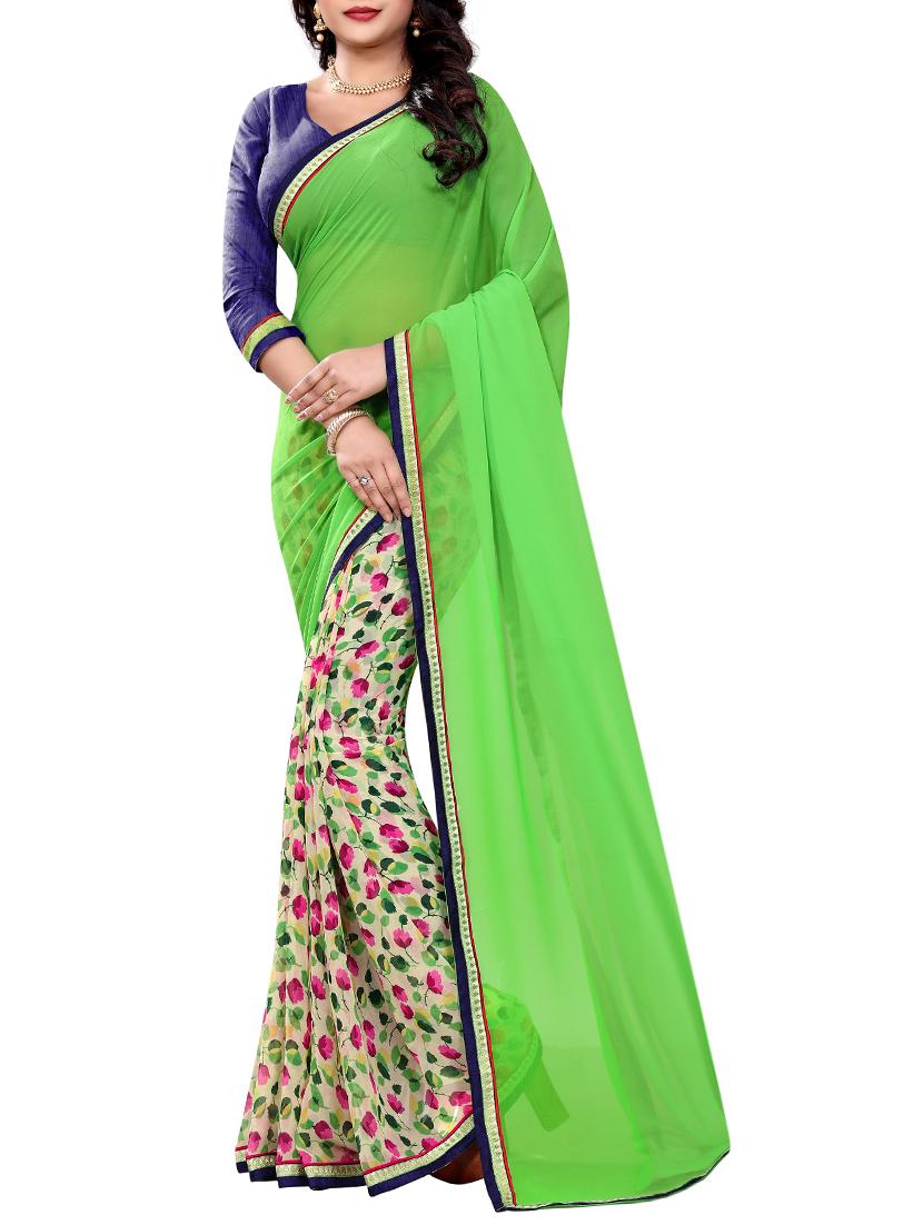 green georgette half & half saree with blouse - 15003926 - Zoom Image - 1