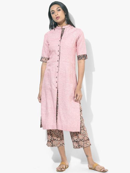 indian dobby pink khadi straight kurta - 15004496 - Standard Image - 1