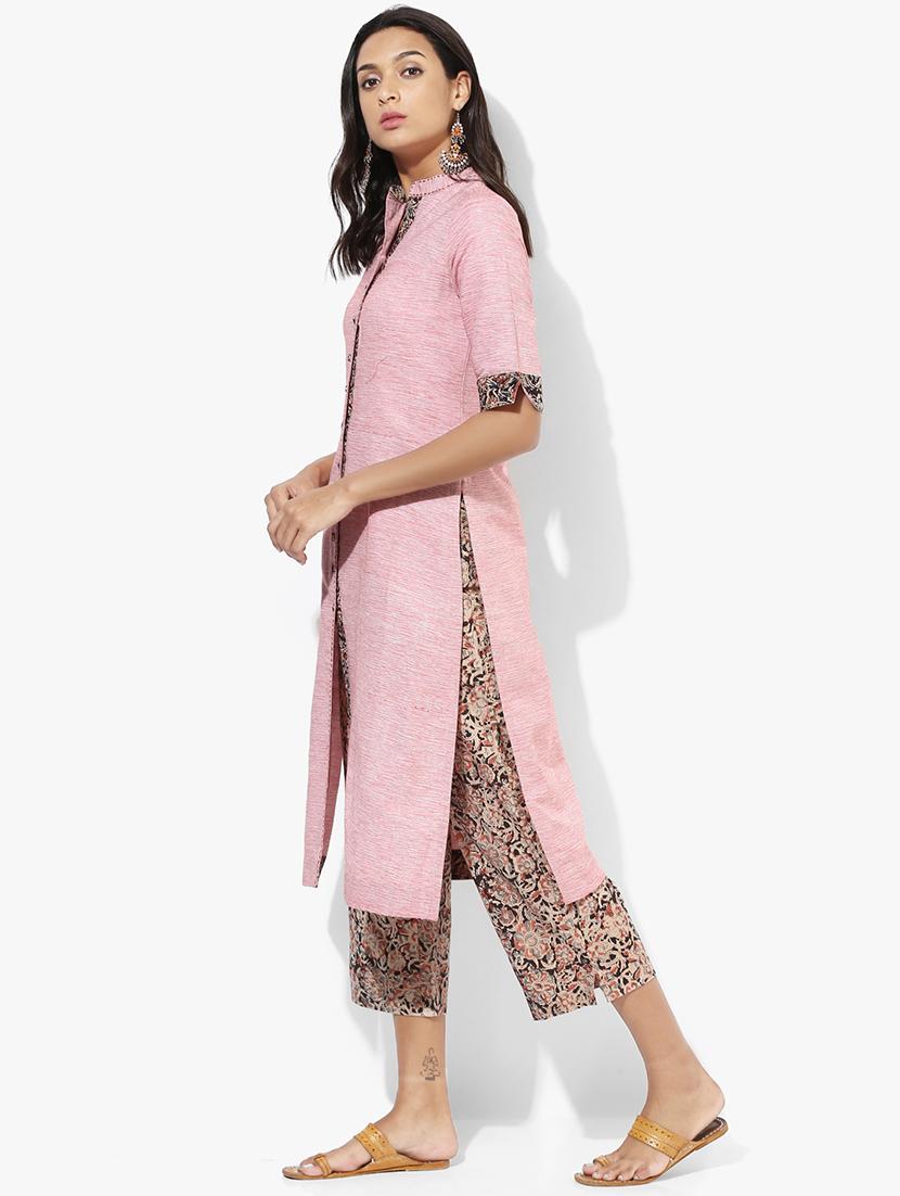 indian dobby pink khadi straight kurta - 15004496 - Zoom Image - 2