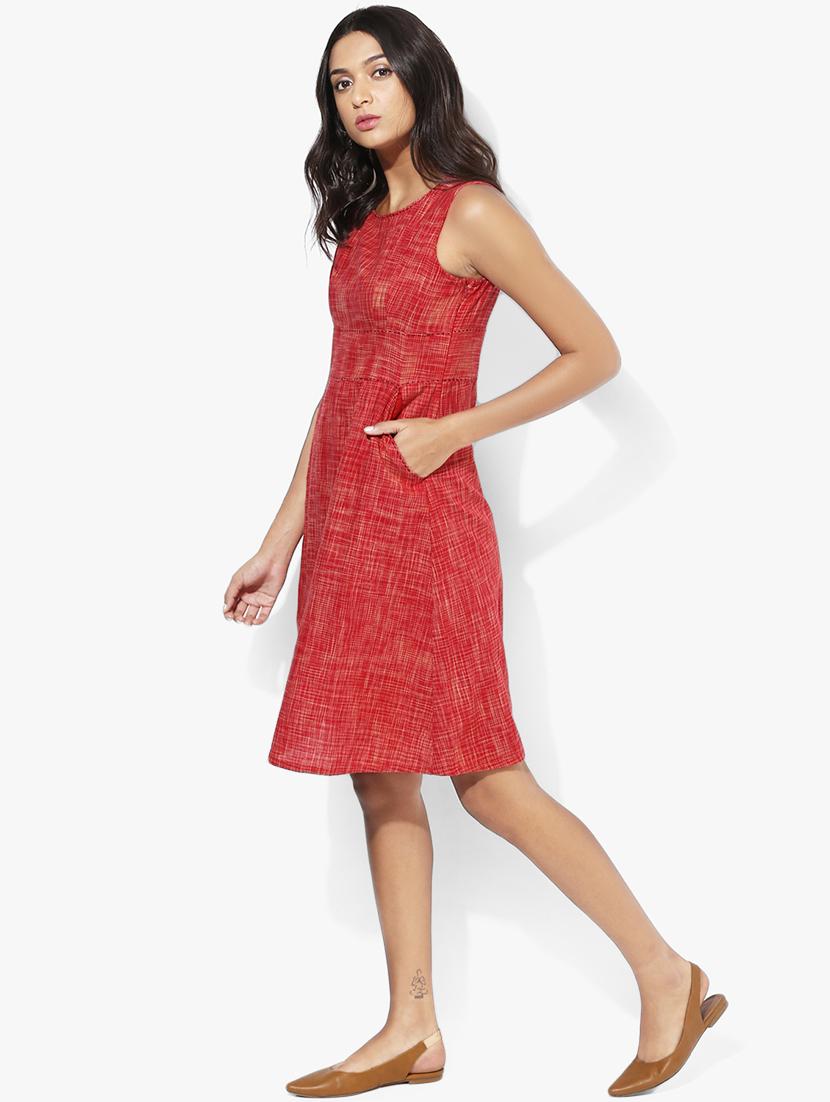 indian dobby red khadi cotton a-line dress - 15004502 - Zoom Image - 2