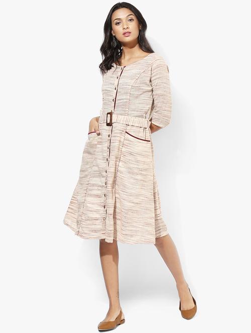 indian dobby beige khadi cotton belted dress - 15004505 - Standard Image - 1