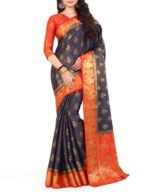 blue silk woven saree with blouse - 15005514 - Standard Image - 1