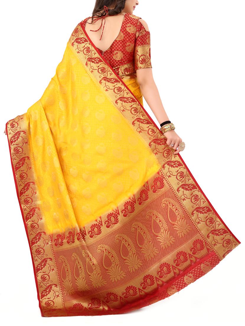 yellow silk woven saree with blouse - 15005517 - Zoom Image - 2
