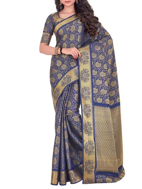 navy silk kanjivaram saree with blouse - 15005542 - Very Small Image - 1