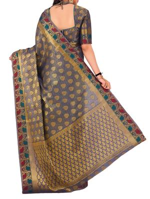 blue silk kanjivaram saree with blouse - 15005550 - Standard Image - 2