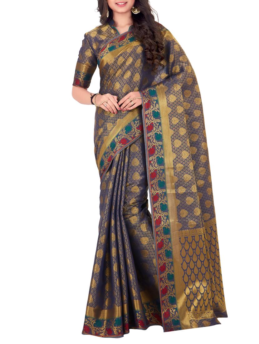 blue silk kanjivaram saree with blouse - 15005550 - Zoom Image - 1