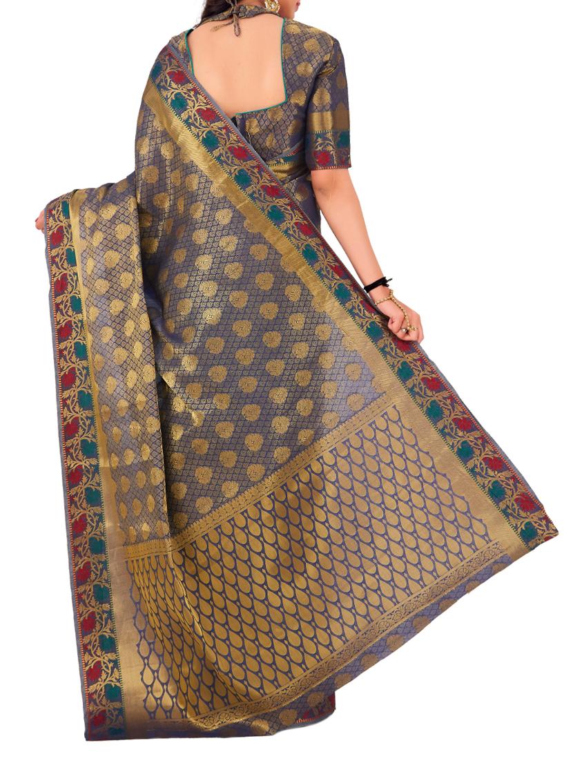 blue silk kanjivaram saree with blouse - 15005550 - Zoom Image - 2