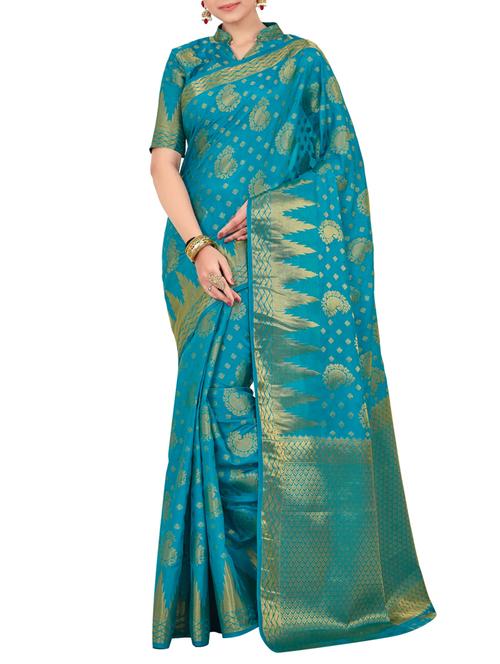 turquoise silk woven saree with blouse - 15005552 - Standard Image - 1