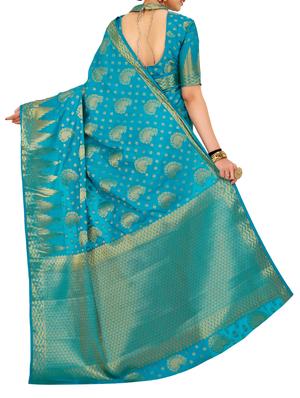 turquoise silk woven saree with blouse - 15005552 - Standard Image - 2
