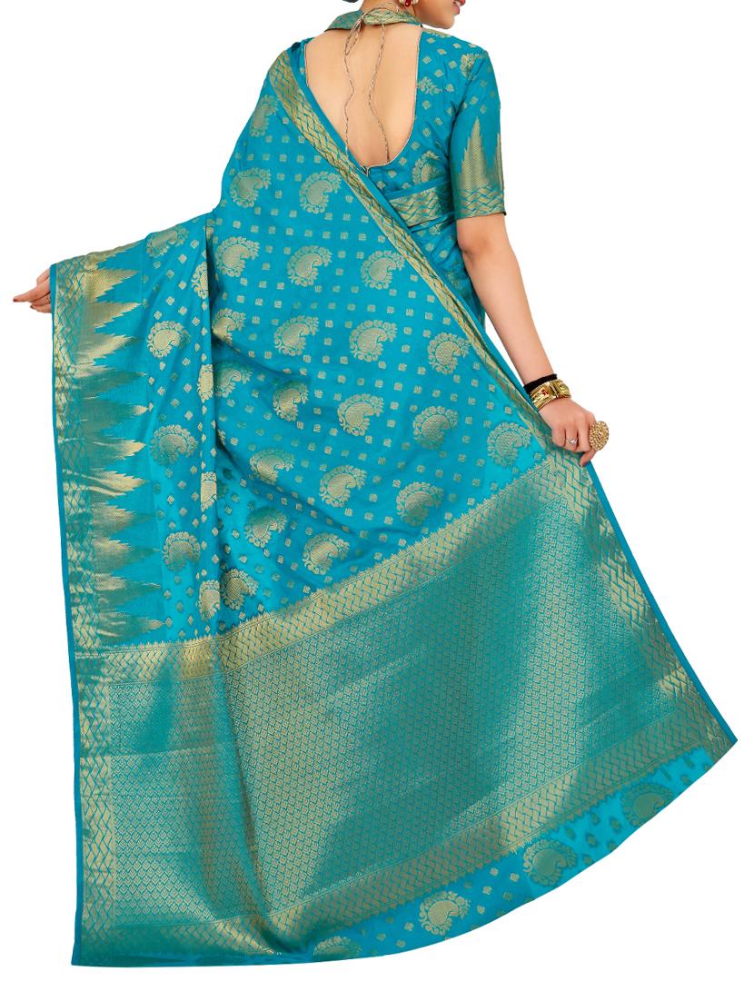 turquoise silk woven saree with blouse - 15005552 - Zoom Image - 2