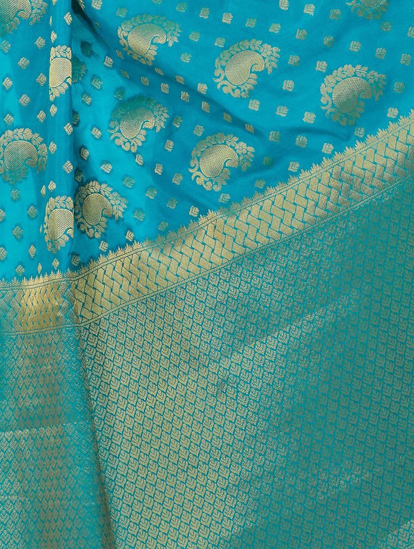 turquoise silk woven saree with blouse - 15005552 - Zoom Image - 3
