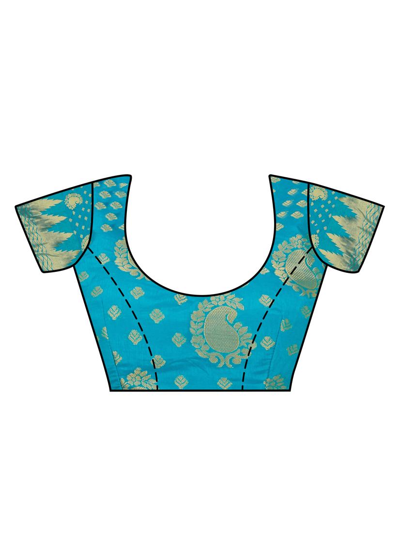 turquoise silk woven saree with blouse - 15005552 - Zoom Image - 4