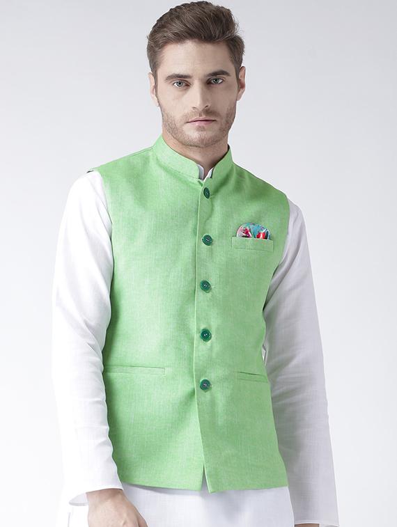 green linen nehru jacket - 15006090 - Zoom Image - 1