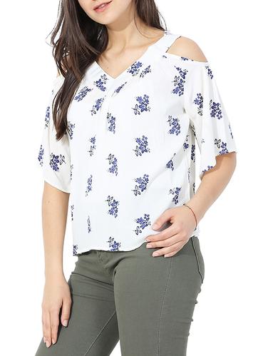 white rayon printed cold shoulder top - 15006133 - Very Small Image - 1