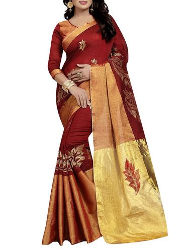 red cotton embroidered saree with blouse - 15006220 - Very Small Image - 1