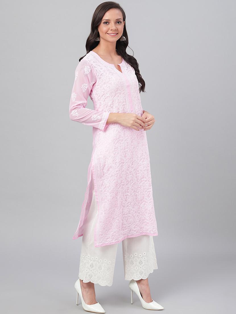 ada pink georgette chikankari kurta - 15006712 - Zoom Image - 2