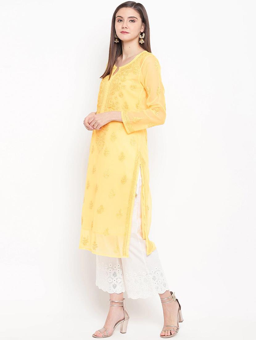 ada yellow georgette chikankari kurta - 15006717 - Zoom Image - 2