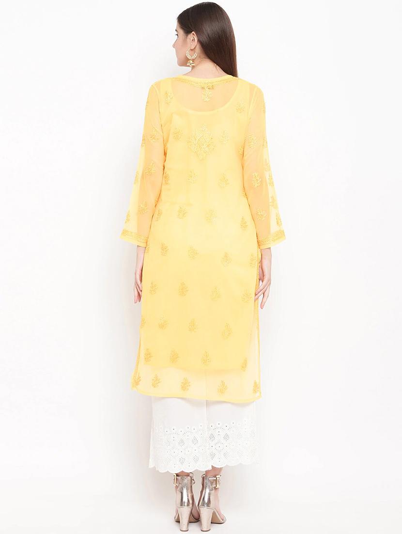 ada yellow georgette chikankari kurta - 15006717 - Zoom Image - 3