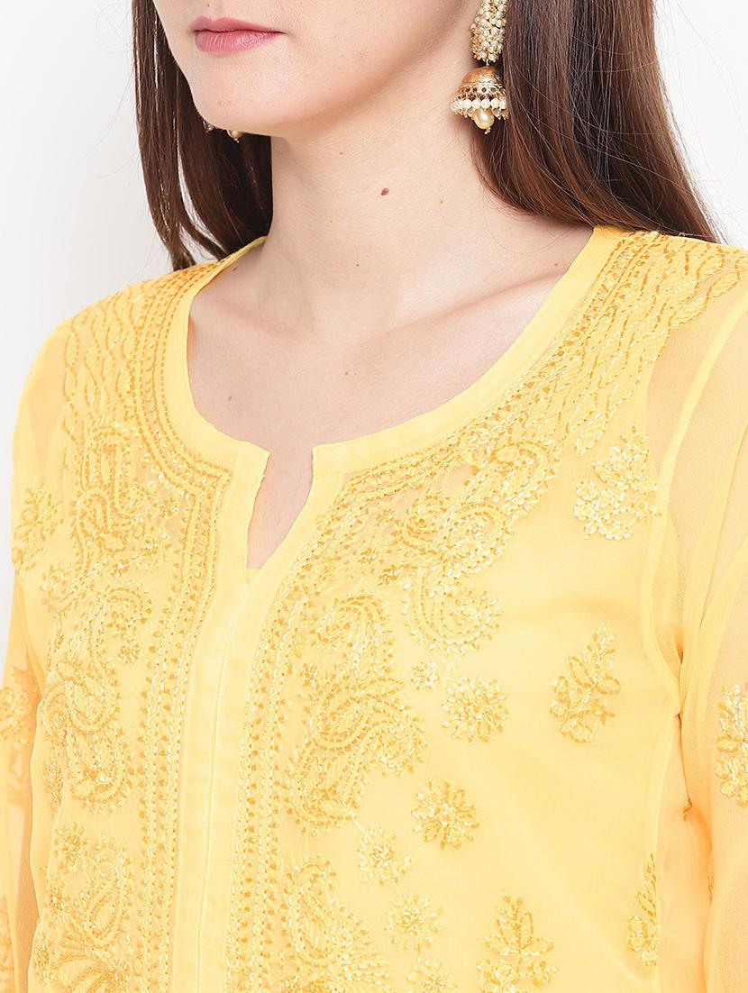 ada yellow georgette chikankari kurta - 15006717 - Zoom Image - 4