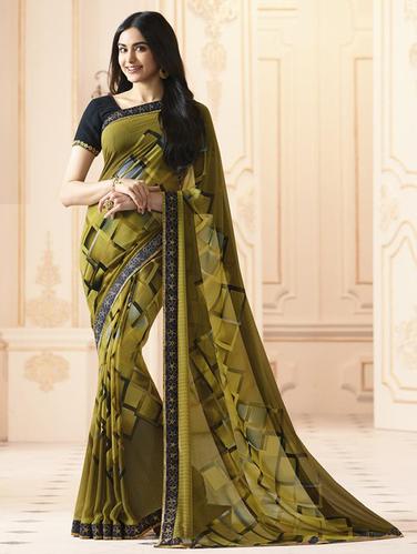 mehandi georgette printed saree with blouse - 15006890 - Very Small Image - 1