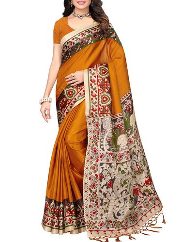 mustard silk blend printed saree with blouse - 15008004 - Very Small Image - 1