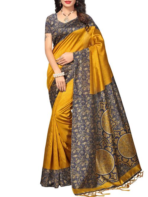 mustard art silk printed saree with blouse - 15008008 - Very Small Image - 1