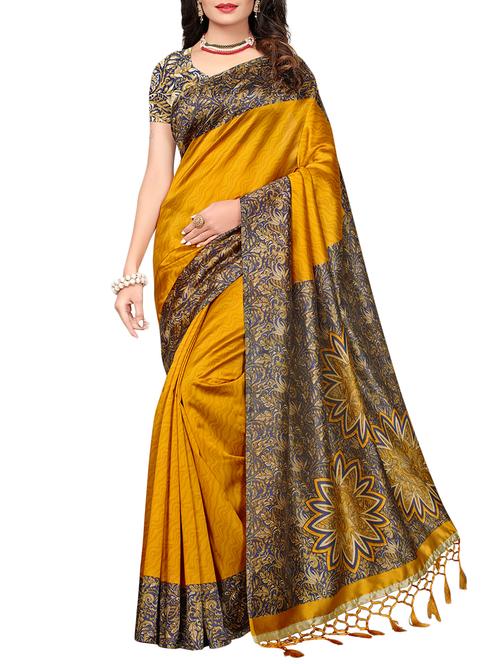 mustard art silk printed saree with blouse - 15008010 - Very Small Image - 1