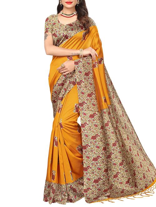 mustard art silk printed saree with blouse - 15008015 - Very Small Image - 1