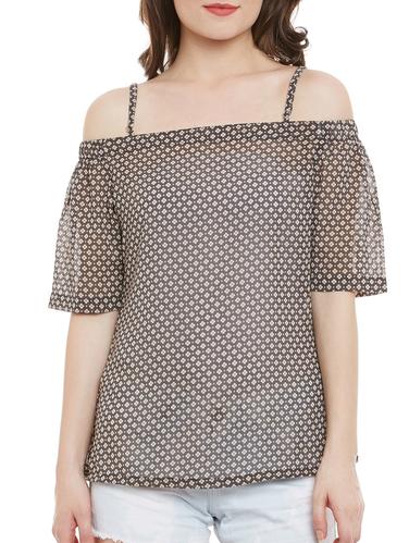 grey printed cold shoulder top - 15008158 - Very Small Image - 1