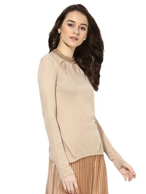 solid beige embellished top - 15008285 - Standard Image - 2