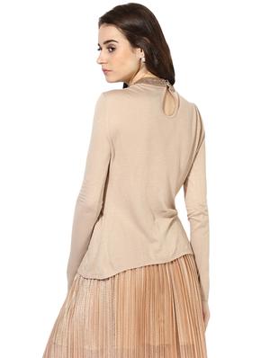 solid beige embellished top - 15008285 - Standard Image - 3