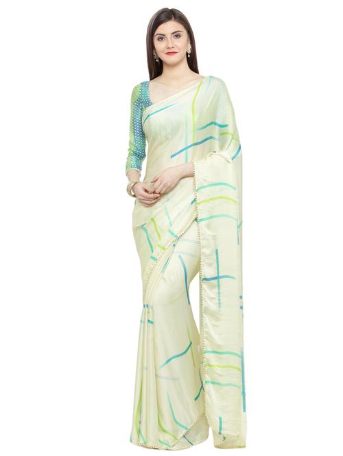 cream satin printed saree with blouse - 15008916 - Very Small Image - 1
