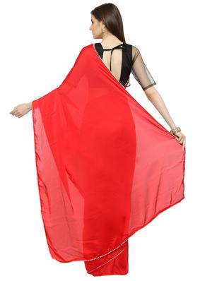 contrast lace detailing plain saree with blouse - 15008970 - Standard Image - 2