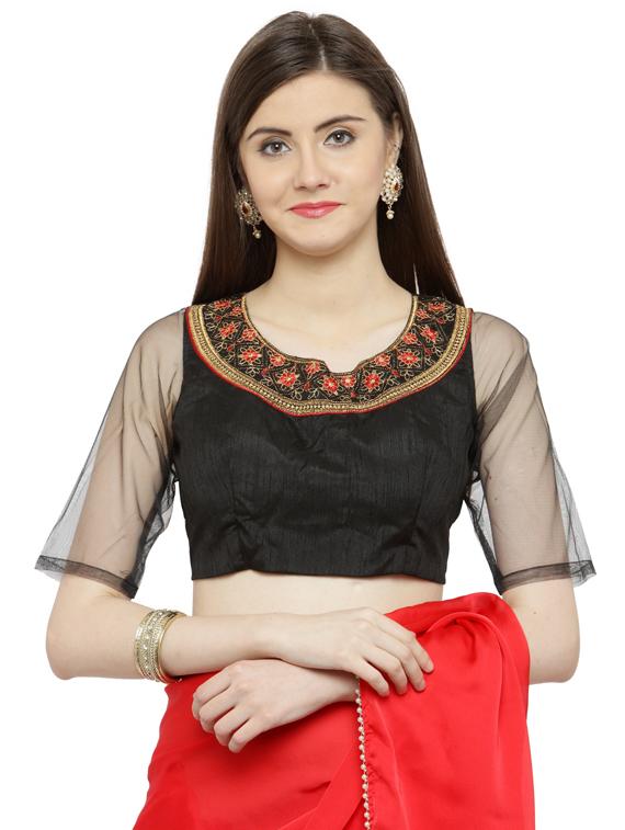 contrast lace detailing plain saree with blouse - 15008970 - Zoom Image - 3