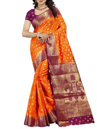orange art silk banarasi saree with blouse - 15009323 - Very Small Image - 1
