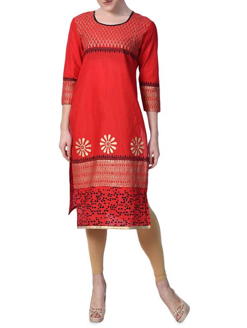 red cotton straight kurta - 15009364 - Standard Image - 1
