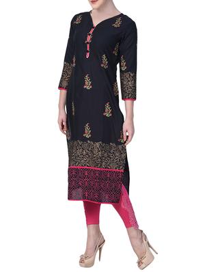 black cotton straight kurta - 15009365 - Standard Image - 2