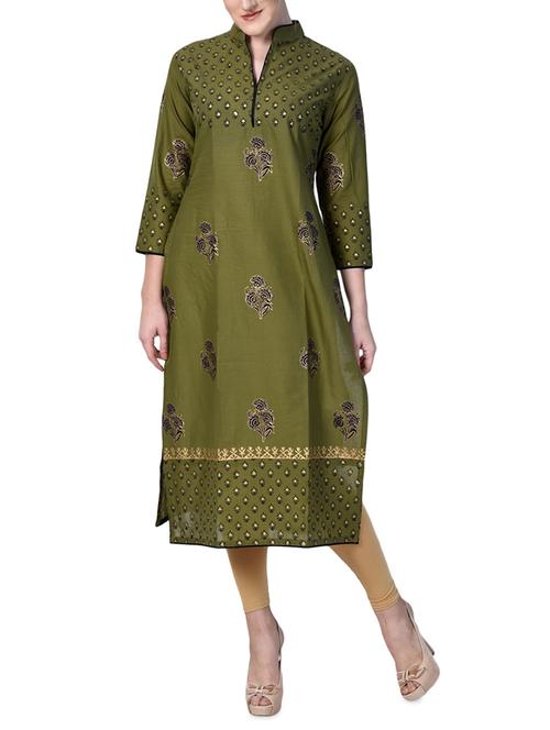 mehandi cotton straight kurta - 15009369 - Standard Image - 1