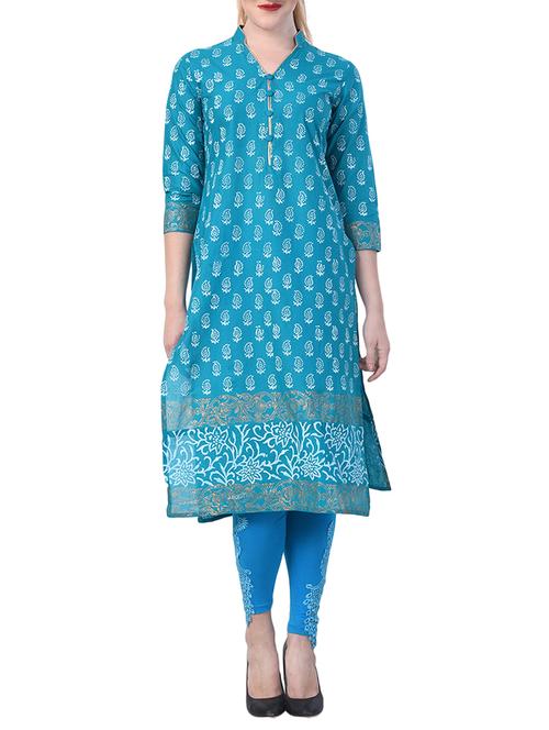 sky blue cotton straight kurta - 15009371 - Standard Image - 1