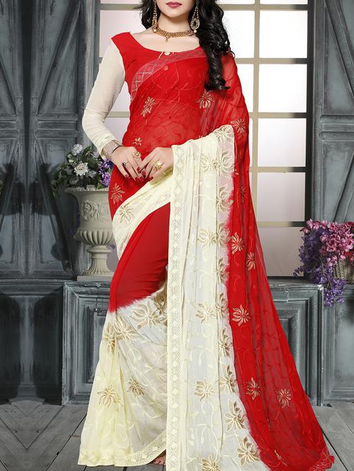 red chiffon embroidered saree with blouse - 15009850 - Very Small Image - 1