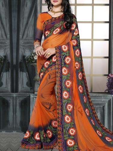 orange chiffon embroidered saree with blouse - 15009851 - Very Small Image - 1